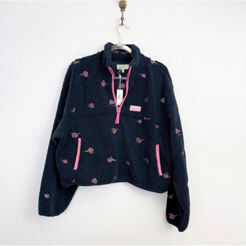 Simply Southern Taylor 1/2 Zip Sherpa Pullover Navy Pink Rose Embroidered XL - Picture 3 of 7